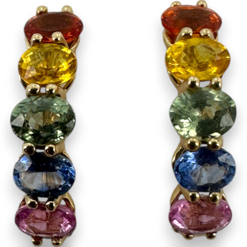 LALI Jewels 14kt Yellow Gold Snap Closure Huggie Earrings with Rainbow of Multi-Colored Sapphires
