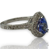 Solid 14kt White Gold Rhodium Plated Pear Shaped Prong Set Tanzanite Solitaire Ring with Diamond Halo Size 7.5