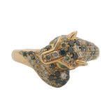 Solid 14kt Yellow Gold Black White Diamond Cheetah Ring Tsavorite Eyes Size 6.5