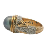 Vintage Solid 14kt 2 Tone Gold Tahitian Pearl Cocktail Ring with Accent Diamonds Size 5