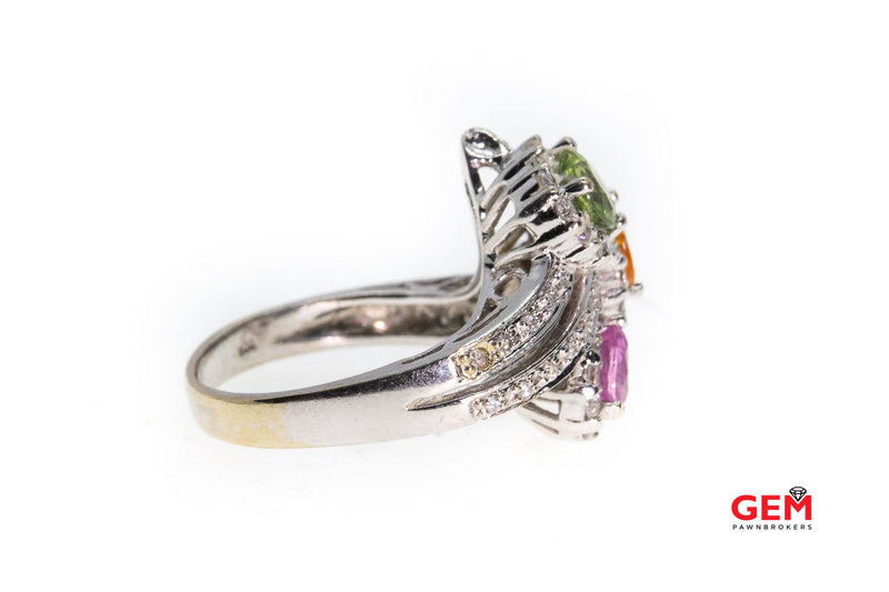 Samuel Benham BJC Quartz Hearts & Diamond Pave Halo Cocktail 18K 750 White Gold Ring Size 5 1/2