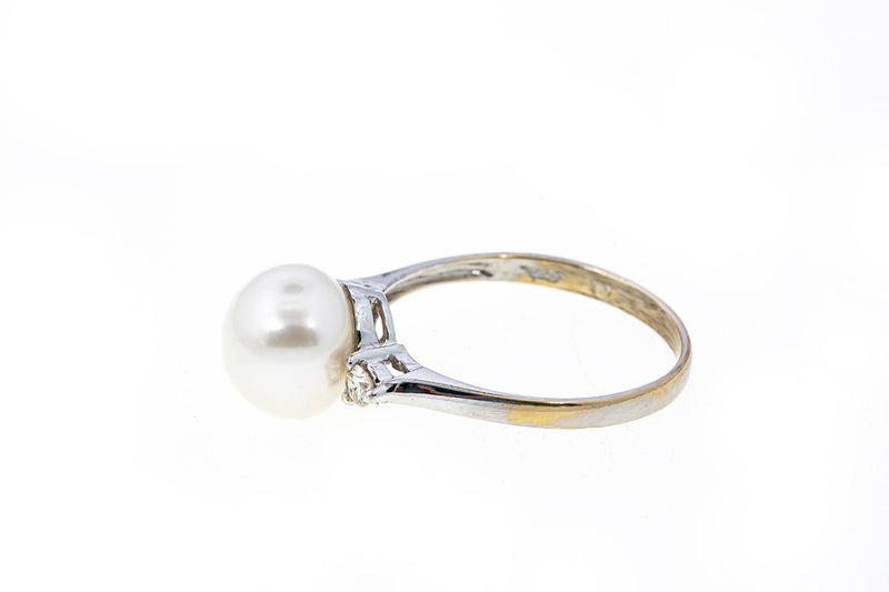 Vintage 1950s Freshwater Pearl 9mm & Diamond Accent Band 14K 585 White Gold Ring Size 7