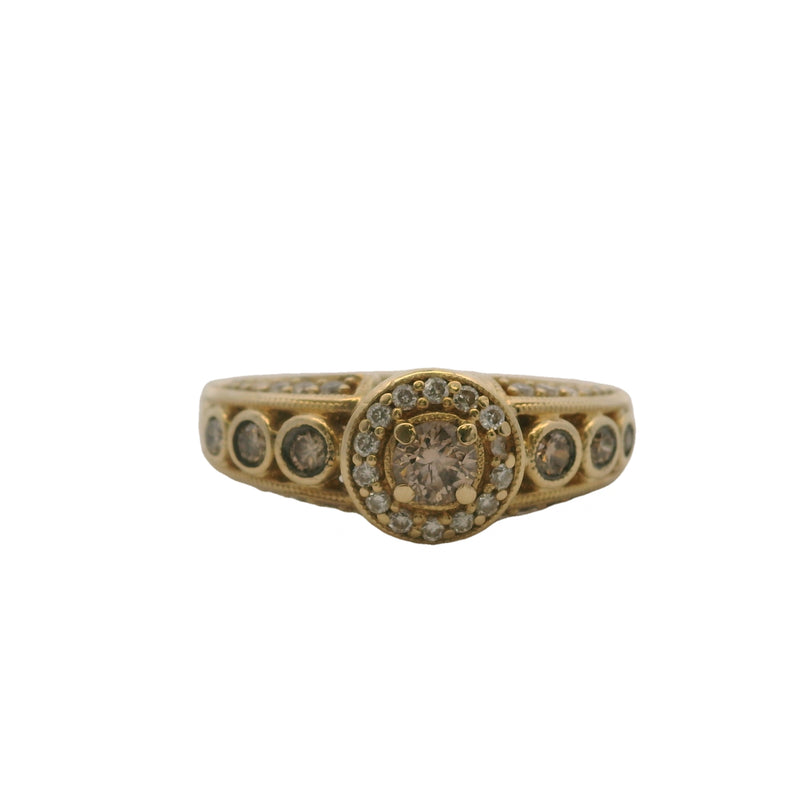 Le Vian Solid 14kt Yellow Gold Chocolate and Vanilla 0.52ctw Diamond Halo Statement Ring Size 7