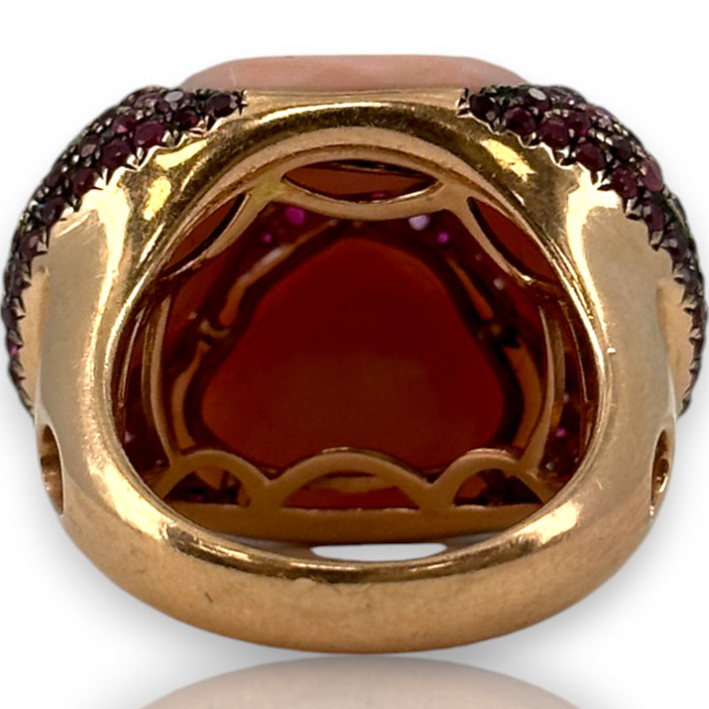 Custom Made Solid 14kt Rose Gold Large Bauble Ring with Simulated Glass Quartz, Lab Rubies, and Diamonds Size 7
