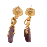 Vintage 1980s Frederica Rettore Solid 18kt Yellow Gold Italian Ruby Rough Dangle/Drop Omegaback Earrings