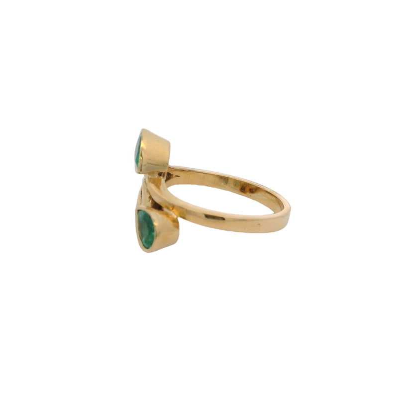Vintage 14kt Yellow Gold and 2 Vivid Pear Cut Emeralds Modernist Cocktail Bypass Ring Size 6.5