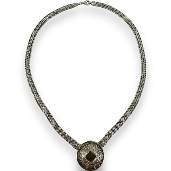 Didae Shablool 1980s 925 Sterling Silver and 14kt Yellow Gold Herringbone Chain 18" Medal Necklace Made in Israel