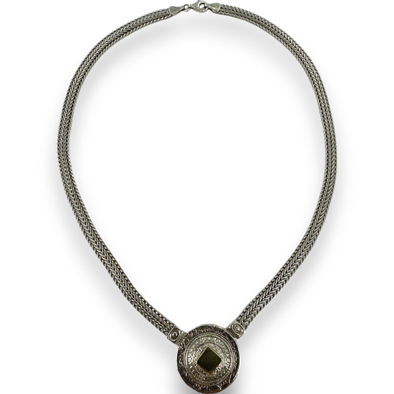 Didae Shablool 1980s 925 Sterling Silver and 14kt Yellow Gold Herringbone Chain 18" Medal Necklace Made in Israel