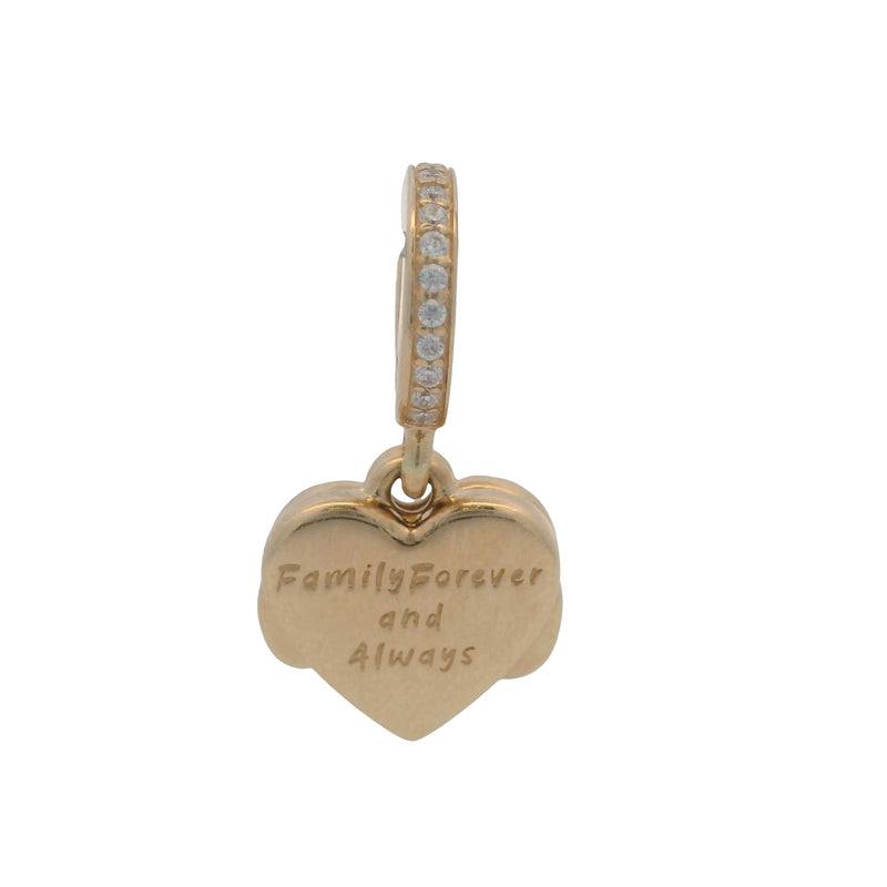 Charm colgante Pandora de oro amarillo macizo de 14 kt con circonitas cúbicas y esmalte con forma de corazón infinito.