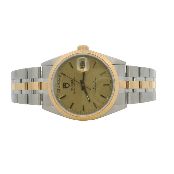 Tudor 1997 Prince Date Day 76213 36mm Linen Dial Two Tone Gold Watch