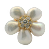 Solid 18kt Yellow Gold Freshwater Pearl and Diamond Cluster Flower Cocktail Ring Size 8.5