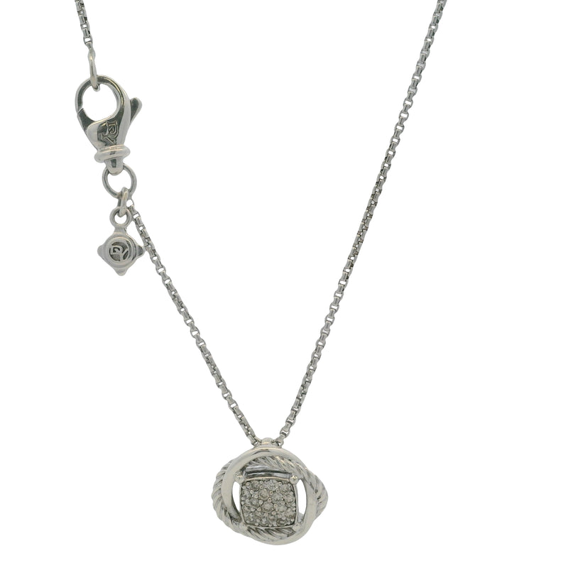 David Yurman Solid 925 Sterling Silver and Diamond Infinity Knot Cluster Pendant 17.5" Necklace