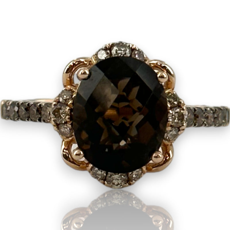 LeVian Solid 14kt Strawberry Rose Gold Ring with Chocolate Smokey Quartz and Diamond Accents Size 6.75