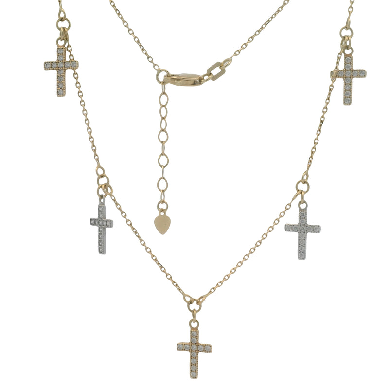 Solid 14kt Yellow Gold and Cubic Zirconia Crosses Stationed Pendant 18" Chain Necklace