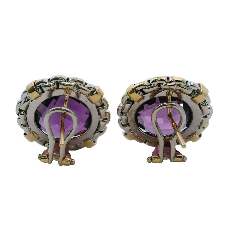 Italian14kt Yellow and White Gold Chain Pattern 22mm Large Amethyst Omega-Back Earrings
