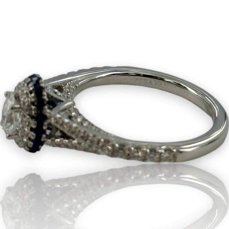 Vera Wang Love Collection 14kt White Gold Double Halo Diamond and Sapphire Pave Engagement Ring Size 6.5