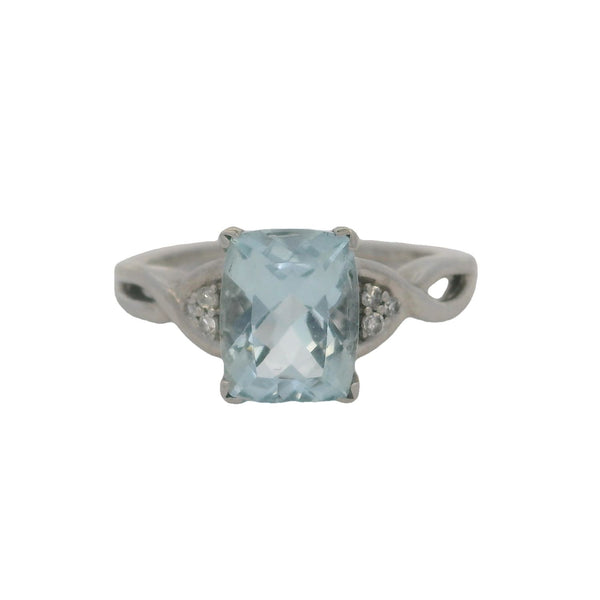 10kt White Gold Rectangle Cushion Cut Aquamarine Solitaire and Accent Diamond Ring Size 7 Made In India