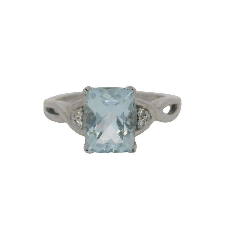 10kt White Gold Rectangle Cushion Cut Aquamarine Solitaire and Accent Diamond Ring Size 7 Made In India