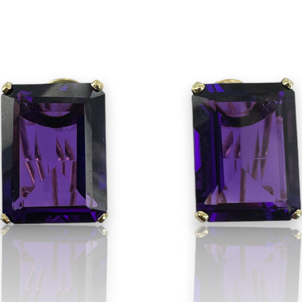 Vintage 1960-80s 14kt Yellow Gold Omega-Back Stud Earrings with Emerald-Cut Russian Amethysts