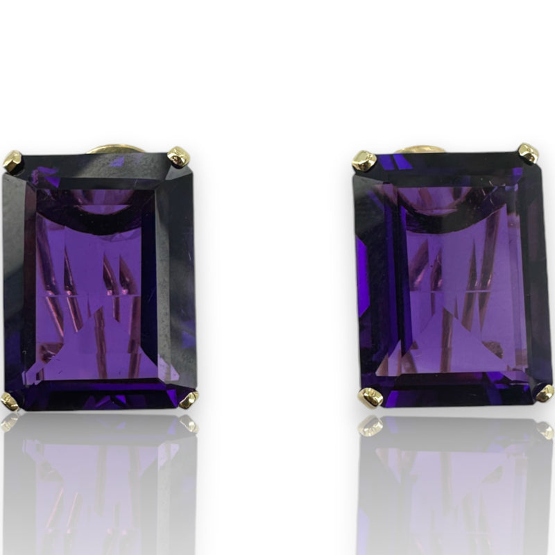 Vintage 1960-80s 14kt Yellow Gold Omega-Back Stud Earrings with Emerald-Cut Russian Amethysts