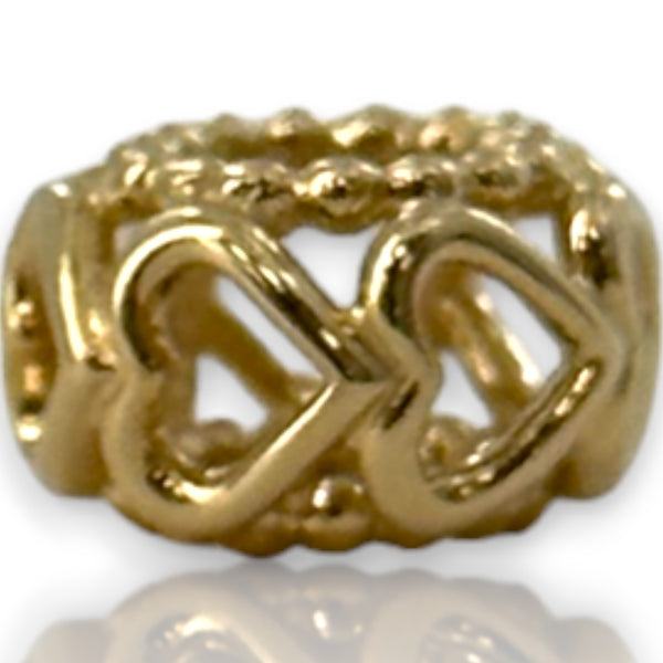 Charm separador "Suerte en el Amor" de oro macizo de 14 kt retirado de Pandora con corazones calados y detalles granulados (ALE 585)