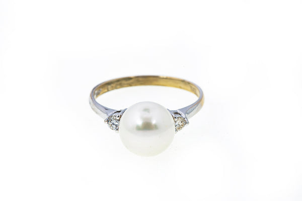 Vintage 1950s Freshwater Pearl 9mm & Diamond Accent Band 14K 585 White Gold Ring Size 7