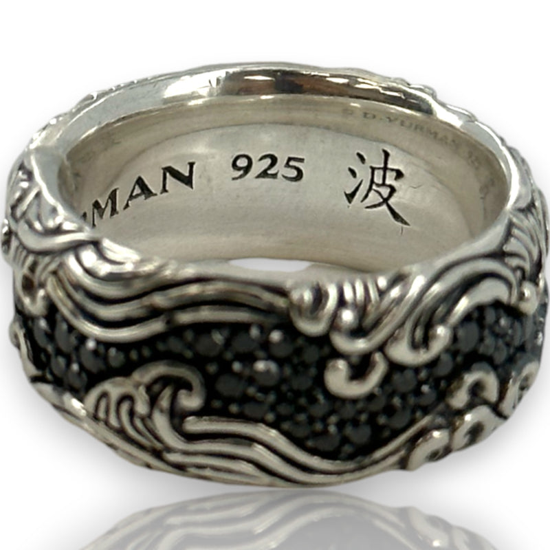 David Yurman DY Waves Collection 925 Sterling Silver Men's Ring with 0.97ctw Pave Black Diamonds Wedding Engagement 9.6mm Band Size 7