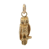 Solid 14kt Yellow Gold Carved Detailed Wise Owl Bird on Branch Charm Pendant