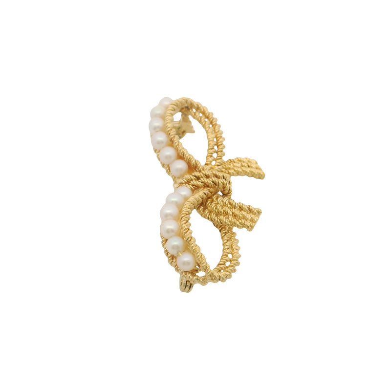 Vintage Mid-Century Italian Solid 18kt Yellow Gold and Pearl Rope Bow Pin Brooch