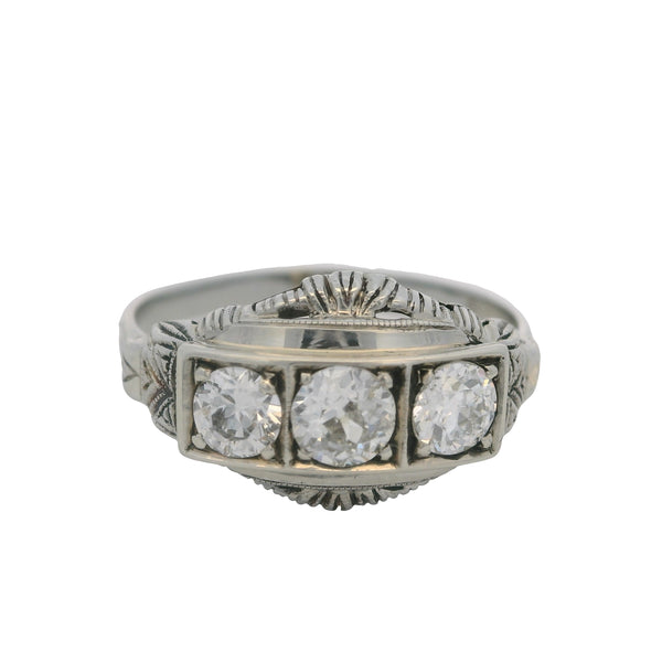 Antique 1910-20s Early Deco 18kt White Gold 3-Stone Old Euro Diamond Ring Size 6