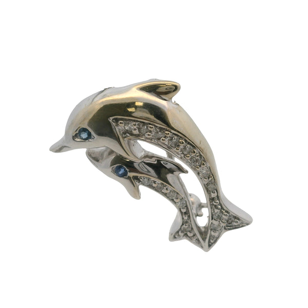 14kt White Gold and Diamond Double Dolphin Pin Brooch with Diamonds and Sapphire Eyes