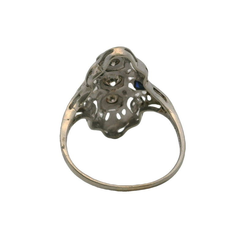 Antique 1920s Art Deco Solid 18kt White Gold 0.29ctw Diamond and Lab Sapphire Filigree Dinner Ring Size 6.5
