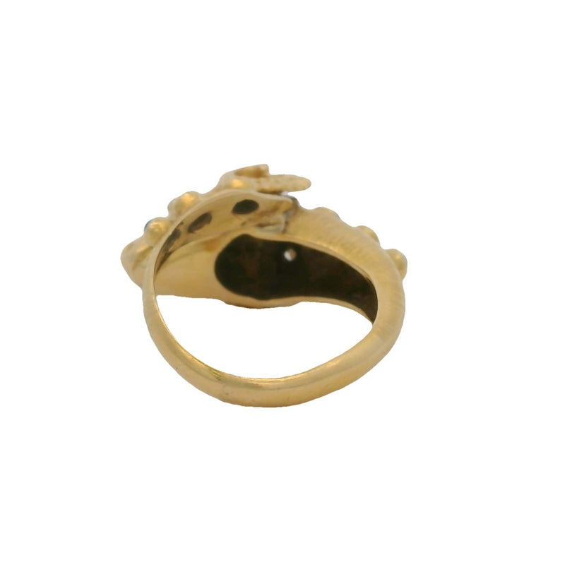 Vintage Solid 18kt Yellow Gold Ram's Head Ring with Turquoise, 3 Diamonds, and Ruby Eyes Size 8