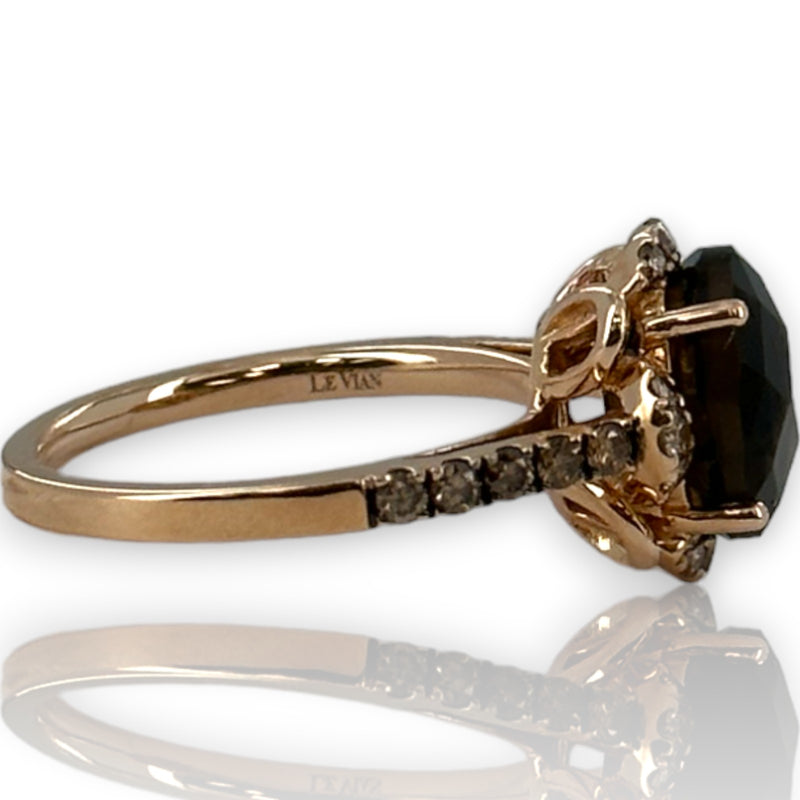 LeVian Solid 14kt Strawberry Rose Gold Ring with Chocolate Smokey Quartz and Diamond Accents Size 6.75