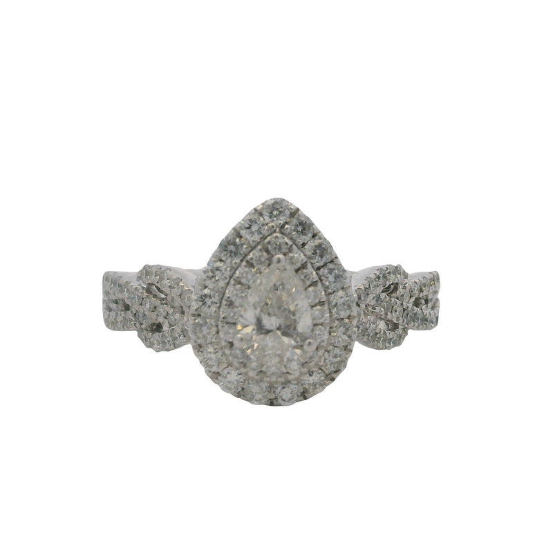 Neil Lane 14kt White Gold Pear Cut Diamond Ring with Diamond Double Halo and Braid Band Size 5