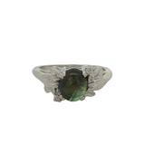 Vintage 1950-70s 14kt White Gold Ring with Center Cabochon 1.55ct Green Star Sapphire in Decorated Leaves Setting with 4 Accent Diamonds Size 5.5