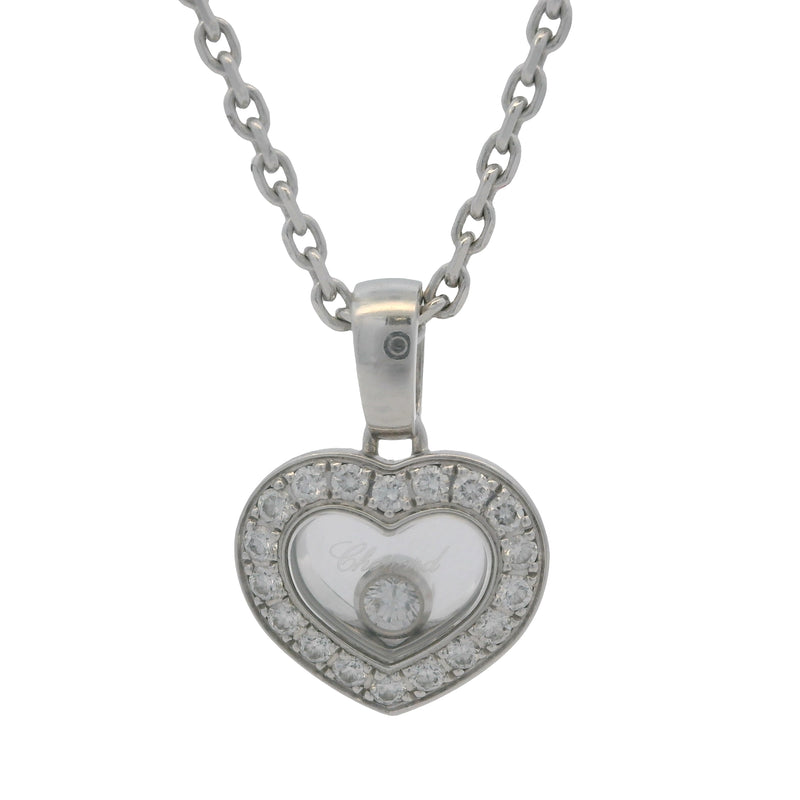 Chopard Solid 18kt White Gold Happy Floating Diamonds Icons Heart Pendant 16.5" Necklace