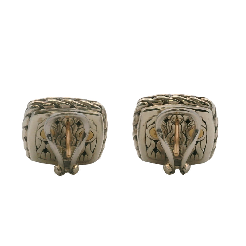 John Hardy 925 Sterling Silver/18kt Gold and Diamond Cluster Classic Square Chain Earrings