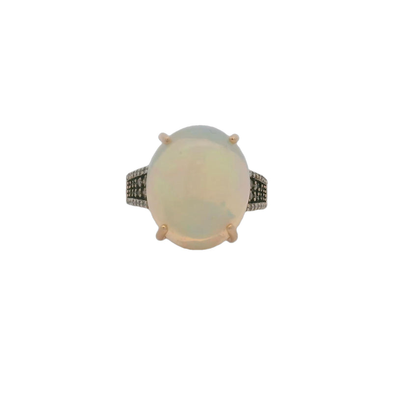 Luxoro 14kt Rose Gold Prong-Set Large Opal Statement Ring With White and Yellow Diamond Sides Size 8