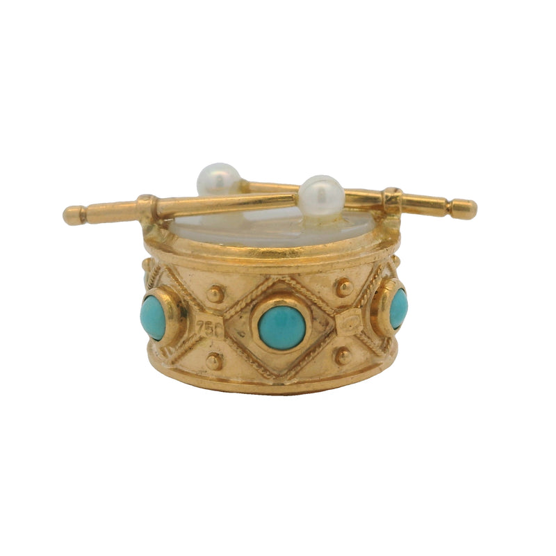 Sidra Jewels 18kt Yellow Gold Drum Pendant with Mother of Pearl, Turquoise, and Freshwater Pearls
