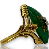 Vintage 1960-70s Solid 14kt Yellow Gold and Green Enamel Navette Ring with Floral Filigree Detail and Two Small Diamonds Size 6.25