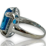 QCD Large Oval Blue Topaz & Diamond Halo Accent 14K 585 White Gold Ring Size 9