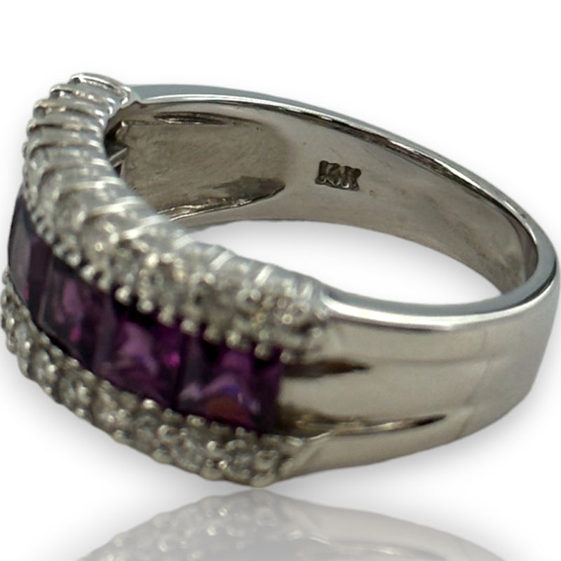 EFFY 14kt White Gold 9.6mm Wide Amethyst and Diamond Band Size 9 Ring