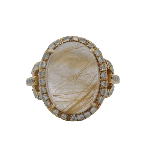 14kt Yellow Gold Cabochon Rutilated Quartz and Diamond Halo Statement Ring Size 7
