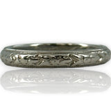 Antique 1911 Wood & Sons (Now ArtCarved) Carved 3mm Band Solid 18kt White Gold Inscribed Feb-26-1911 Wedding Engagement Ring Size 4.5