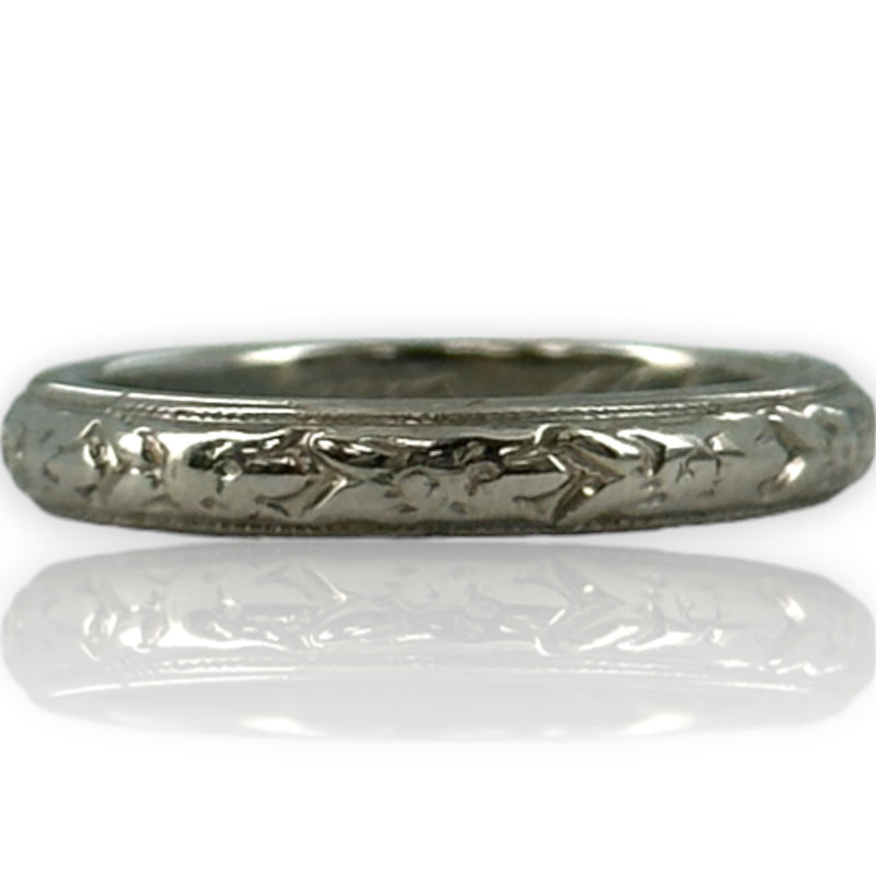 Antique 1911 Wood & Sons (Now ArtCarved) Carved 3mm Band Solid 18kt White Gold Inscribed Feb-26-1911 Wedding Engagement Ring Size 4.5