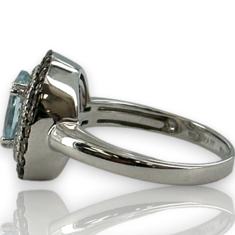 LeVian 14kt Solid White Gold and Sea Blue Aquamarine Ring with Double Halo of Champagne and White Vanilla Diamonds Size 7.5