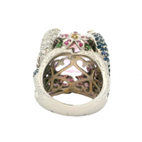 Solid 18kt White Gold Large Snakes and Flowers Cocktail Ring with Pink Glass Center Stone, Diamonds, Sapphires, and Rubies