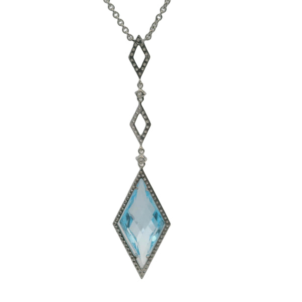 Solid 18kt White Gold Deco-Inspired 16ct Blue Topaz 2.6" Drop Pendant 16" Necklace with Diamond Stations, Halo, and Accents