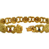 Vintage 1980s Brutalist Solid 18kt Yellow Gold Nugget 8.25" 46.6g Bracelet With Rubies and Sapphires
